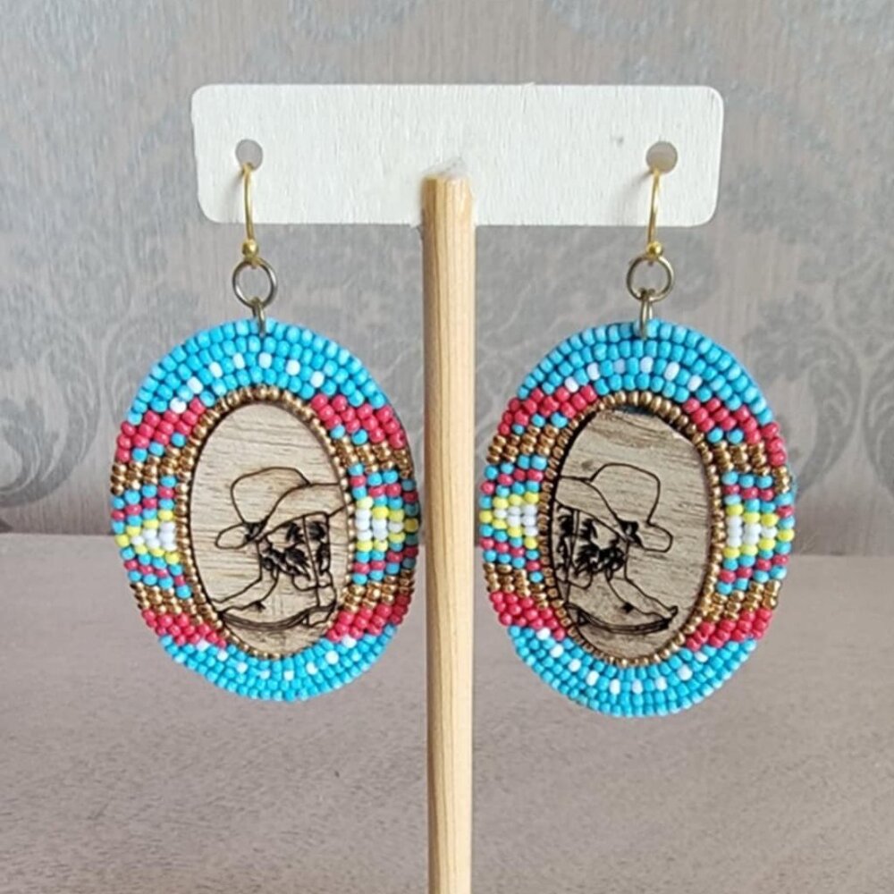 Horseshoe Bend Wood and Turquoise Multi Seed Bead Teardrop Earrings